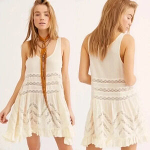 Free People Voile and Lace Trapeze Slip Dress White Micro Polka Dot Boho XS